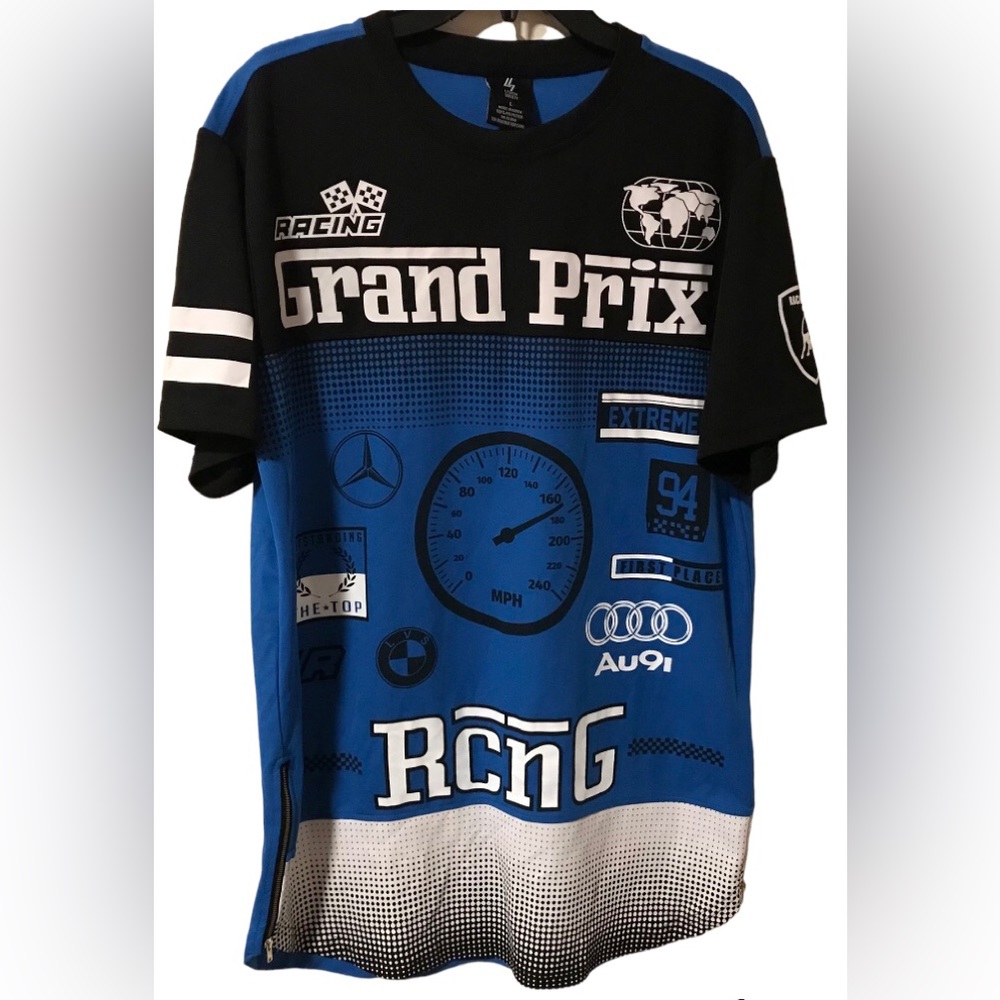 Lavish Society Black,Blue & White Grand Prix Racing Audi Short Sleeve Shirt Sz L